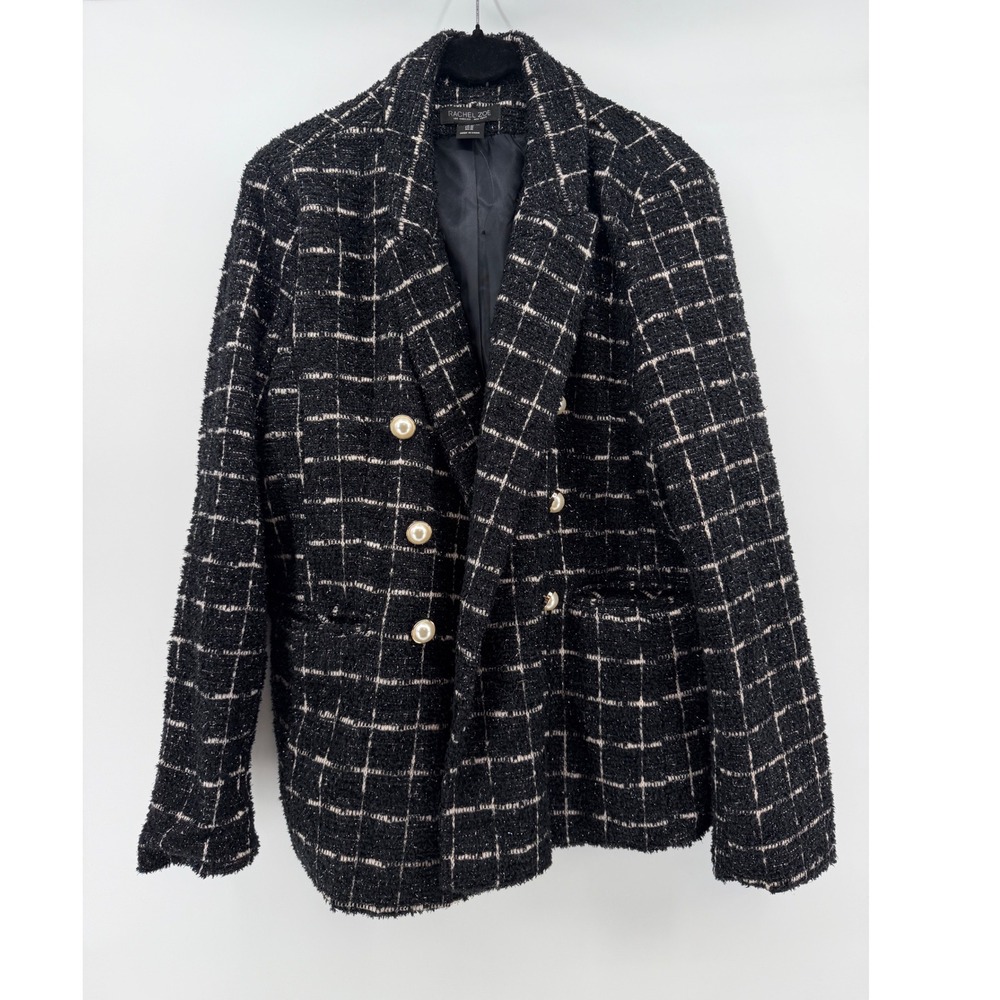 Rachel Zoe Black White Windowpane Tweed Blazer Gold Button Jacket XL CHU33457F